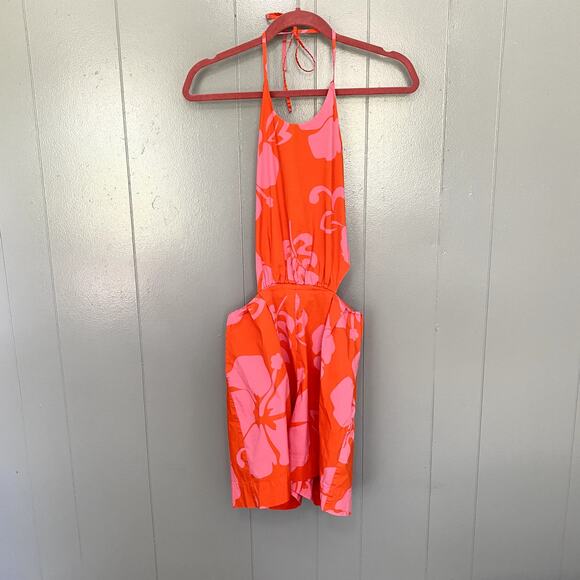 Staud Red Tropical Print Georgia Open Back Halter Summer Beach Romper 2 - Picture 2 of 8